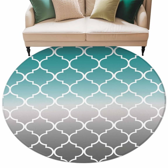 Teal Grey Ombre Morocco Pattern Large Area Rugs for Bedroom Living Room, Soft Non Slip Carpet Bedside Rug, Modern Moroccan Geometric Round Floor Cover Kitchen Accent Rug 8' for Dining Room/Office