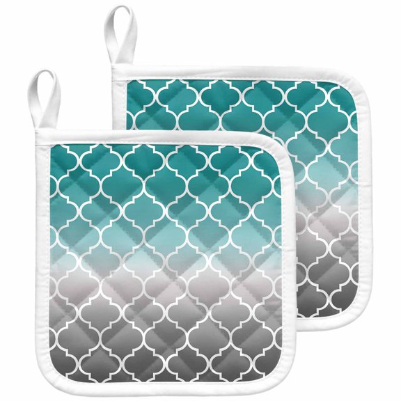 Teal Grey Ombre Morocco Pattern Pot Holders for Kitchen Heatproof Potholder, 2 Pack Modern Moroccan Geometric Hot Pads Multipurpose Oven Pads Cloth Potholders Trivet for Cooking and Baking