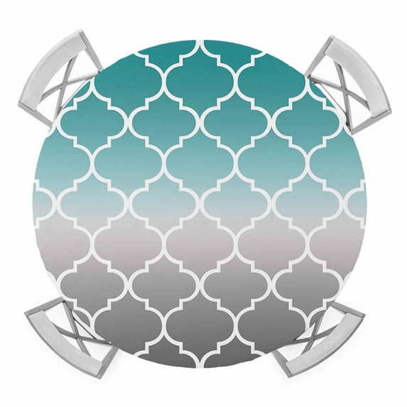 Teal Grey Ombre Morocco Pattern Round Tablecloth for 36-44 Inch Tables,Fitted Table Cover with Elastic Edge,Modern Moroccan Geometric Waterproof Outdoor Table Cloth Protector for Patio Garden Dinner
