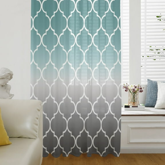 Teal Grey Ombre Morocco Pattern Semi Sheer Curtains Drapes for Living Room,Bedroom,French Doors Window 54 Inches Long,Modern Moroccan Geometric Rod Pocket Chiffon Curtain Drapery Voile Drape Panel