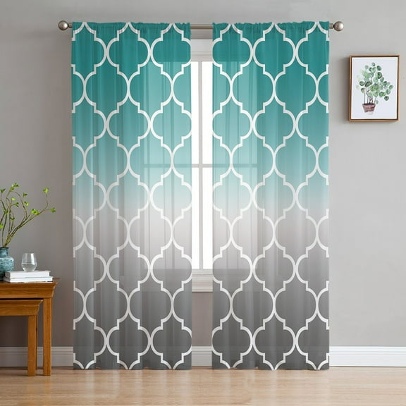 Teal Grey Ombre Morocco Pattern Sheer Curtains 108 Inch Length 2 Panels Set for Living Room/Bedroom, Modern Moroccan Geometric Curtain Sheers Drapes Rod Pocket Curtains Window Treatment 52''x108''x2