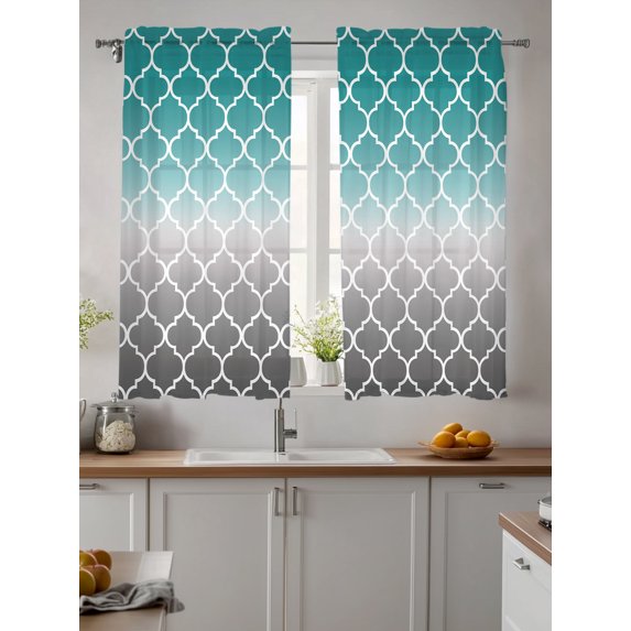 Teal Grey Ombre Morocco Pattern Sheer Kitchen Tier Curtains 45 Inch length,Rod Pocket Half Curtains & Drapes,Modern Moroccan Geometric Chiffon Cafe Bathroom Window Treatments 2 Pcs 27.5"W x 45"L
