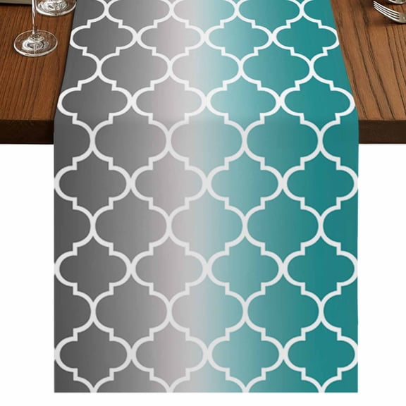 Teal Grey Ombre Morocco Pattern Short Table Runner 36 Inches Long,Modern Moroccan Geometric Cotton Linen Table Runners Dresser Scarves,Tabletop Scarf Furniture Cover for Home Dinner Party 13"x36"