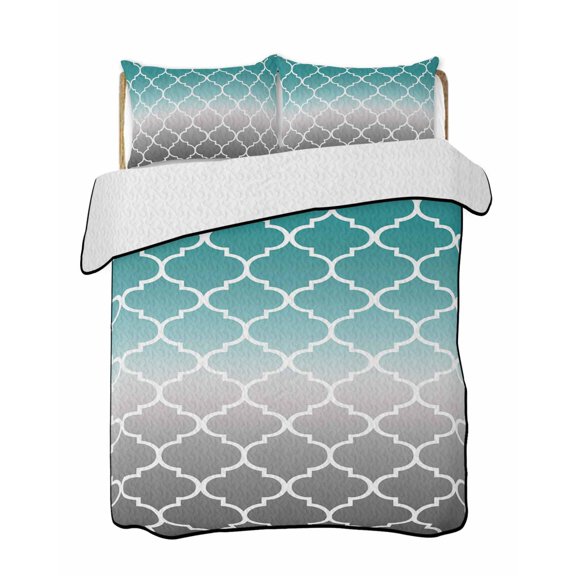 Teal Grey Ombre Morocco Pattern Summer Quilt Set Twin Size,Soft Quilted Bedding Set with 2 Pillow Shams,Modern Moroccan Geometric Lightweight All Season Bedspread Coverlet for Bedroom 68"x86"