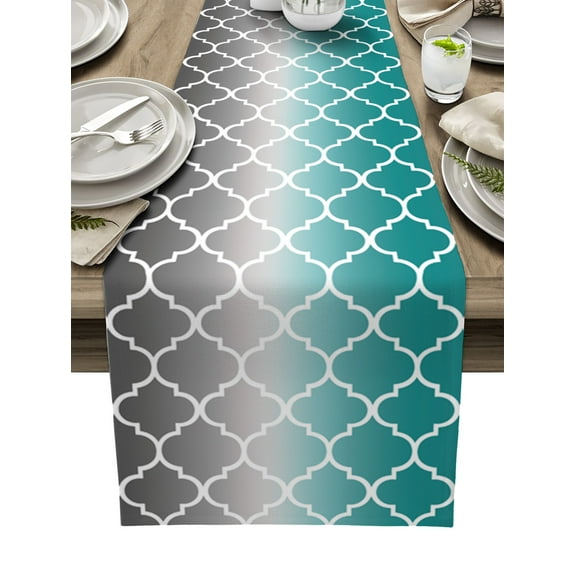 Teal Grey Ombre Morocco Pattern Table Runner Modern Moroccan Geometric Tablerunners 13 x 70 Inch, Table Decorations Tabletop Scarf for Summer Gathering Holiday Farmhouse Kitchen Dining Decor