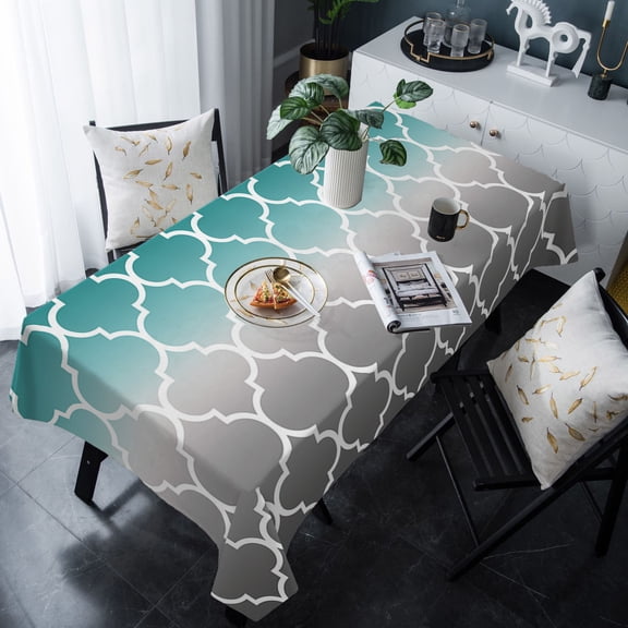 Teal Grey Ombre Morocco Pattern Tablecloth Rectangle Table Cloth 60x120 , Waterproof Tablecloth Outdoor Table Cloth, Modern Moroccan Geometric Washable Table Cover for Kitchen Dining Party