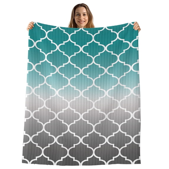 Teal Grey Ombre Morocco Pattern Throw Blanket, Flannel Fleece Blanket with Striped Design for Couch, Modern Moroccan Geometric Soft Breathable All Season Plush Blankets for Sofa Office Travel 40"x50"
