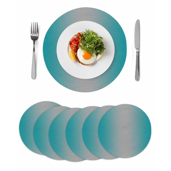 Teal Grey Ombre Round 13 Inch Placemats Set of 6, Gradient Contemporary Abstract Art HeatResistant Non Slip Place Mats for Dining Table, Wipeable Braided Kitchen Table Mats for Housewarming