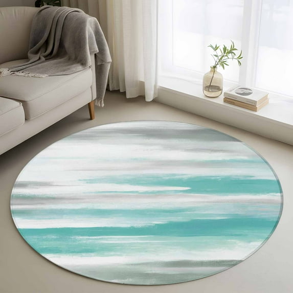 Teal Grey Ombre Round Rugs 3.3ft, Abstract Art Oil Painting Modern Non Slip Washable Rug Runner, Low Pile Indoor Floor Carpet Mat Bathroom Rugs for Living Room, Bedroom, Kids Room