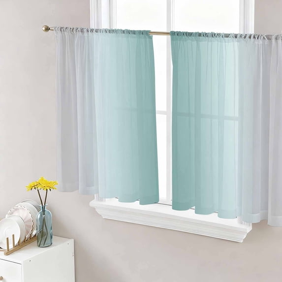 Teal Grey Ombre Sheer Curtains 45 Inch Length 2 Panels Set Window Treatments, Farmhouse Gradient Minimalist Rod Pocket Semi Curtains for Living Room/Bedroom/Kitchen Décor, 104"W x 45"L