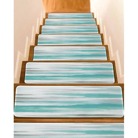 Teal Grey Ombre Stair Treads Non Slip Indoor for Wooden Steps, Abstract Art Oil Painting Modern 10 Pcs Stair Mats for Elders Dogs, 8 x 30 Inch Carpet Treads Runner Rugs for Staircase