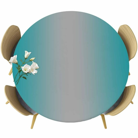 Teal Grey Ombre Table Cloth, Round Fitted Tablecloths with Elastic Edge, Gradient Contemporary Abstract Art Wipeable Waterproof Table Cover for Kitchen Wedding 55-60 Inches