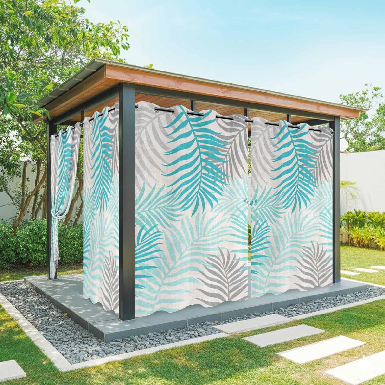 Teal Grey Palm Leaves Outdoor Curtains for Patio, Summer Botanical Vintage Tropical Leaf Rustic Sunshade Privacy Drapes Grommet Waterproof Outside Curtains for Porch/Cabana/Balcony 54"x 108", 1 Panel