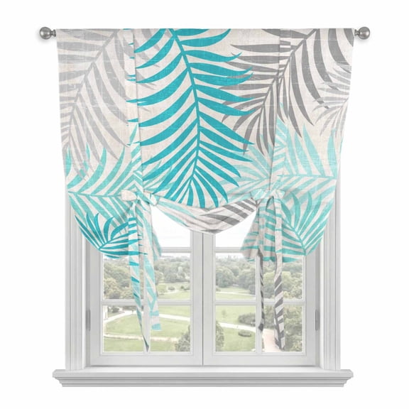 Teal Grey Palm Leaves Tie Up Curtains for Small Windows,Adjustable Rod Pocket Valance 45 Inch Short, Summer Botanical Tropical Leaf Window Treatment Balloon Roman Blind Shade, 34" x 45"