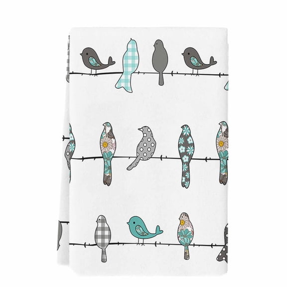 Teal Grey Plaid Polka Dots Birds Microfiber Kitchen Towel, Turquoise Spring Floral Soft Absorbent Dish Towels, Quick Drying Washable Dishcloths for Kitchen Cleaning, Drying Dishes, 18x28 Inches