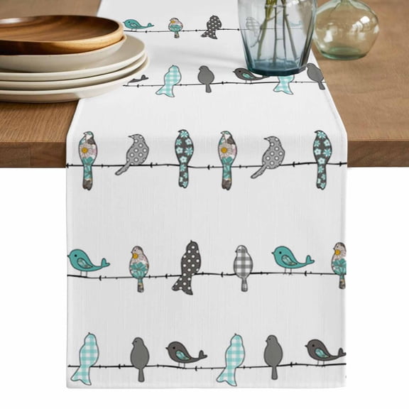 Teal Grey Plaid Polka Dots Birds Table Runner, Turquoise Spring Floral Washable Cotton Linen Table Runners 36 Inches Long, Dresser Scarf Runner for Nightstand/End Tables/Round Tables 13''x36''