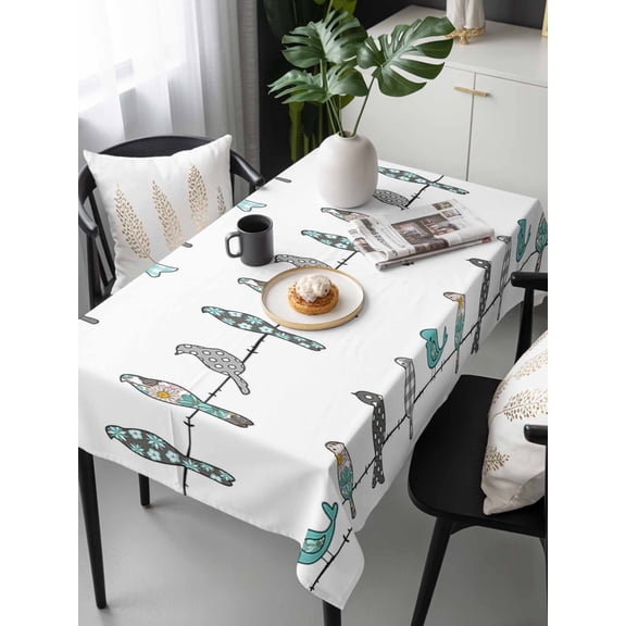 Teal Grey Plaid Polka Dots Birds Tablecloth Rectangle Table Cloth 60x120, Waterproof Tablecloth Outdoor Table Cloth, Turquoise Spring Floral Washable Table Cover for Kitchen Dinning Party