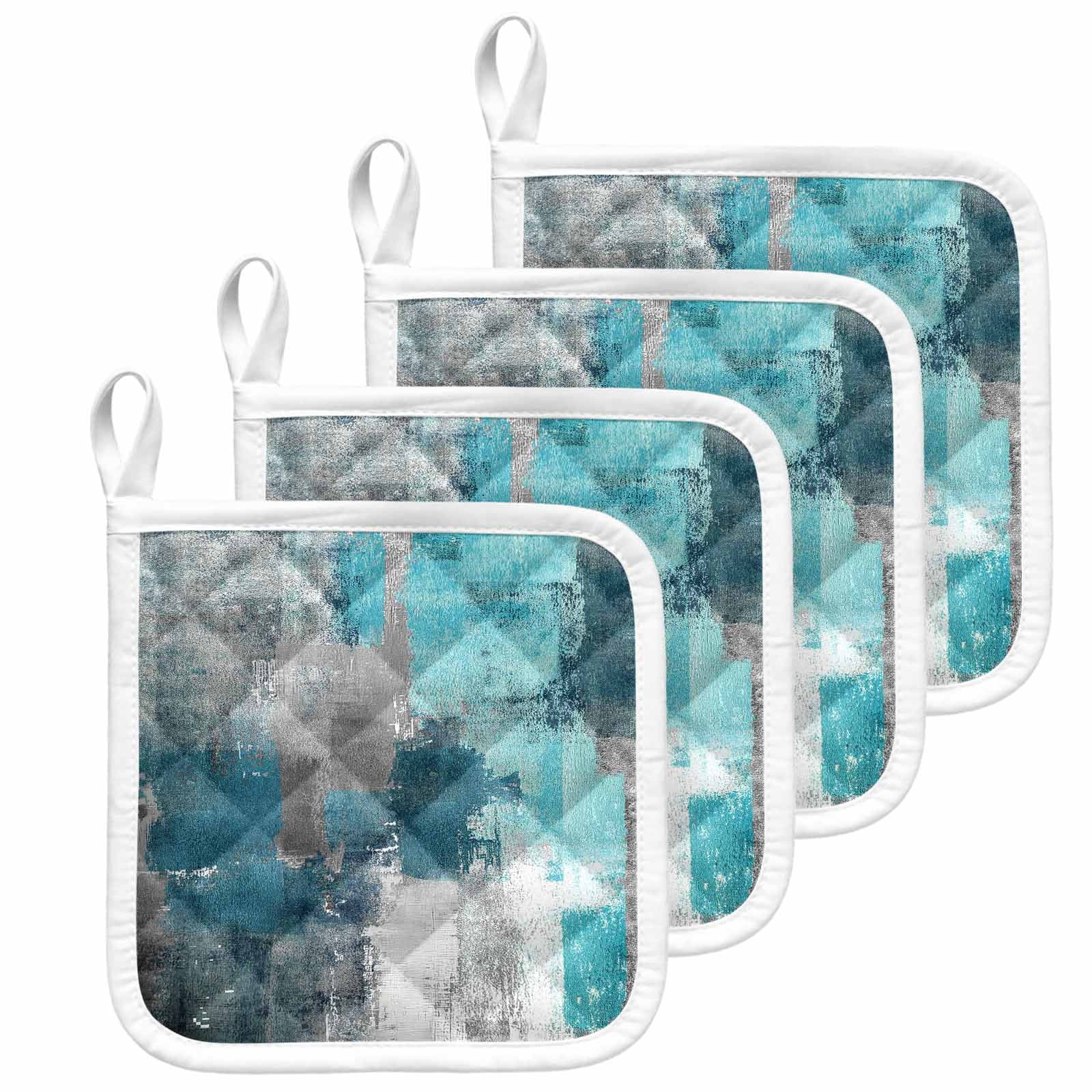 Teal Grey Pot Holders for Kitchen Heatproof Potholder, 4 Pack Modern Oil Painted Abstract Art Aesthetics Hot Pads Multipurpose Oven Pads Cloth Potholders Trivet for Cooking and Baking