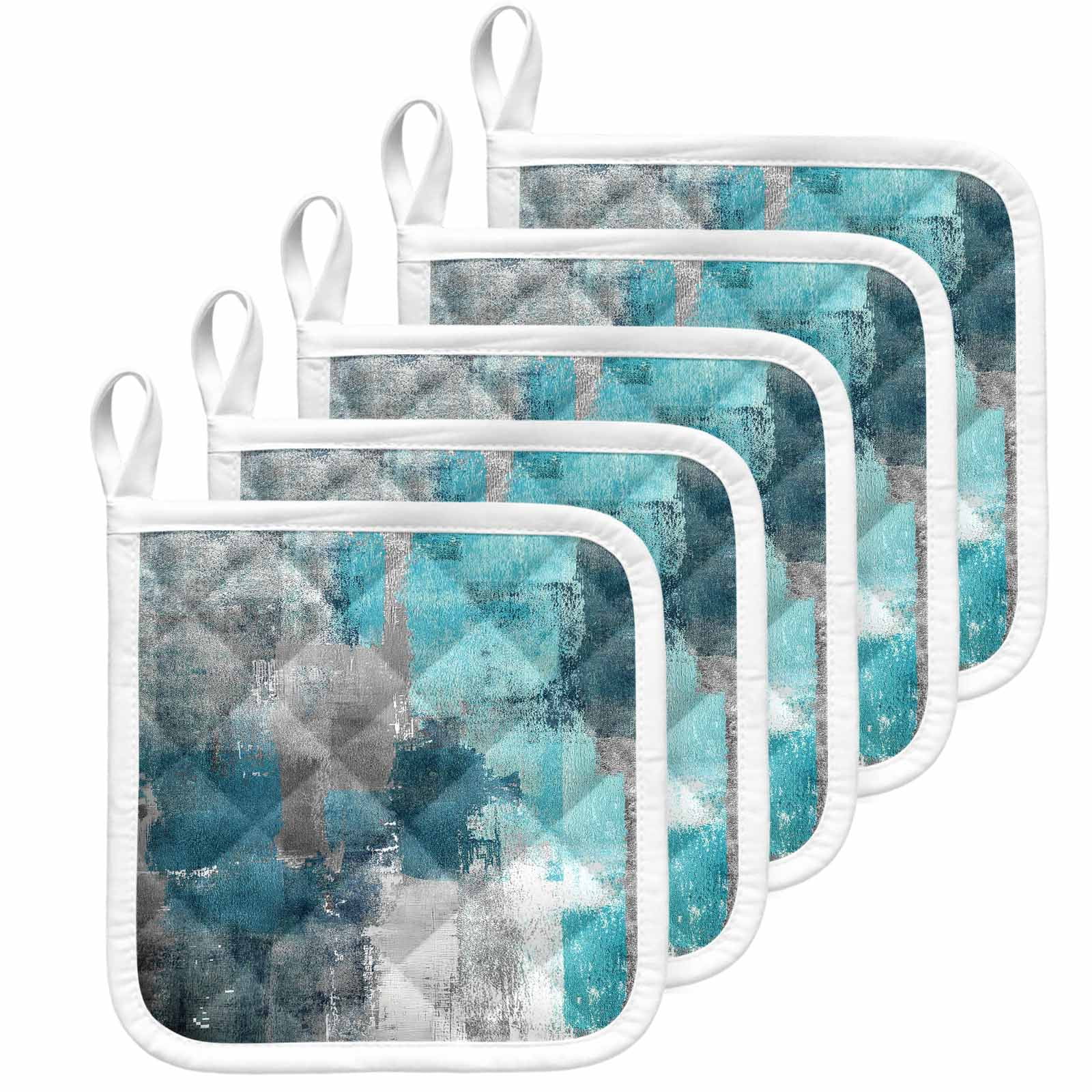 Teal Grey Pot Holders for Kitchen Heatproof Potholder, 5 Pack Modern Oil Painted Abstract Art Aesthetics Hot Pads Multipurpose Oven Pads Cloth Potholders Trivet for Cooking Baking