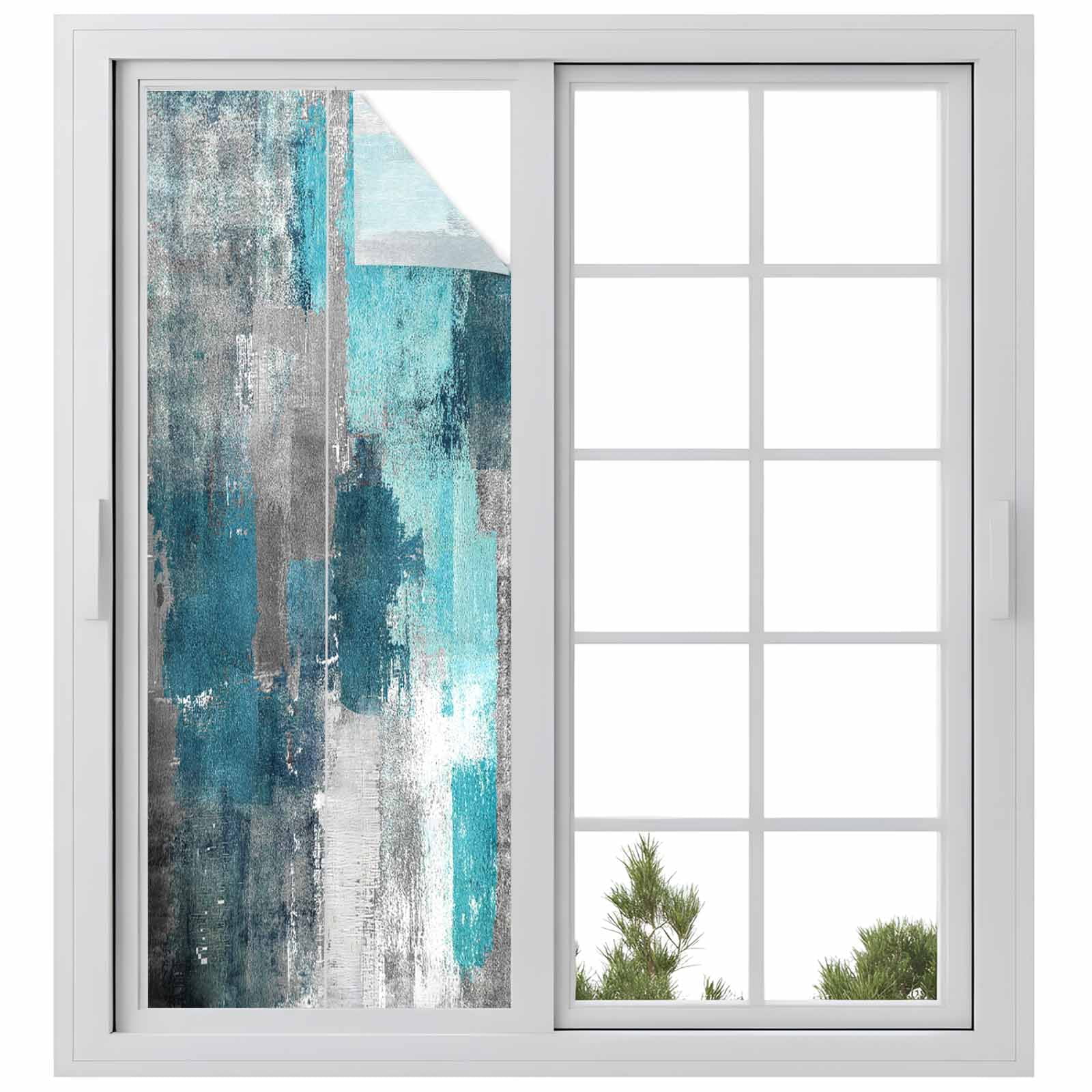 Teal Grey Privacy Window Film, Decorative Frosted Glass Window Film, Modern Oil Painted Abstract Art Aesthetics Reusable Peel and Stick Static Cling for Home Bathroom Office Glass Door 23.6"x59"
