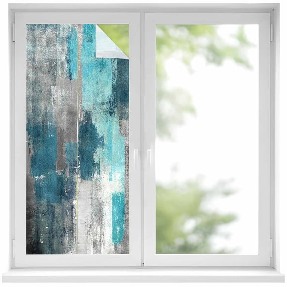 Teal Grey Privacy Window Film, Decorative Frosted Glass Window Film, Modern Oil Painted Abstract Art Aesthetics Reusable Peel and Stick Static Cling for Home Bathroom Office Glass Door 17.7"x39.3"