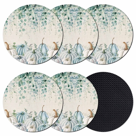 Teal Grey Pumpkin Fall Coasters Set of 6, Absorbent Coasters for Drinks, Thanksgiving Eucalyptus Leaves Coaster for Desk Coffee Table Protection, Home Decor House Warming Gifts 4"