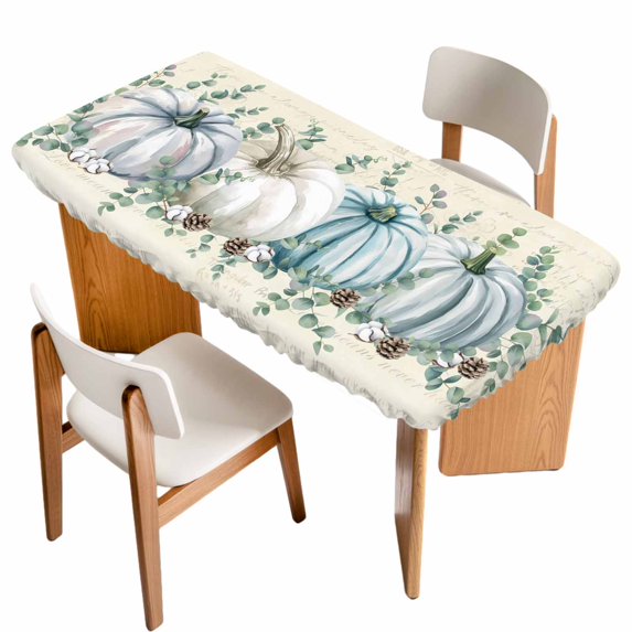 Teal Grey Pumpkins Fall Table Cloths for 4 Foot Rectangle Tables, Thanksgiving Eucalyptus Vintage Patio Waterproof Elastic Fitted Tablecloths, Washable Rectangular Table Cover for Camping