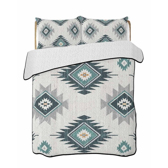 Teal Grey Quilts Bedding Set California King Aztec Ethnic Southwestern Native Geometric Lightweight Quilted Bedspread 3 Piece Bed Quilt with 2 Pillow Shams All Season for Bedroom 96" x 106"
