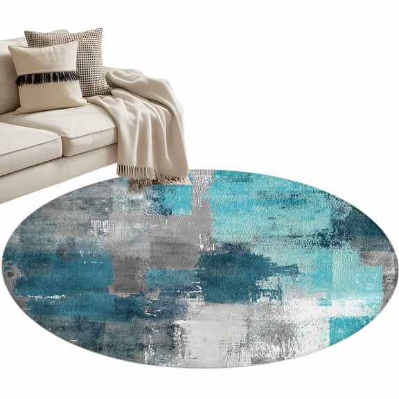 Teal Grey Round Area Rug 4ft, Modern Oil Painted Abstract Art Aesthetics Washable Non-Slip Circle Rugs for Bedroom Living Room Kitchen, Soft Non Shedding Circle Carpet for Dining Room Dorm