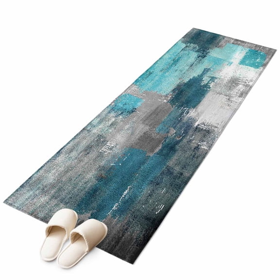 Teal Grey Runner Rug 2x6 Washable Kitchen Rug Non-Slip Lightweight Thin Soft Low Pile Bathroom Runner Modern Oil Painted Abstract Art Aesthetics Carpet for Hallway Laundry Room Bedroom Entryway
