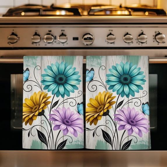Teal Grey Rustic Farmhouse Kitchen Towels Set of 4, Country Turquoise Floral Daisy Absorbent Dish Towels for Kitchen, Microfiber Hand Towel, Quick Drying Tea Towel for Cleaning Decorative Dishcloths