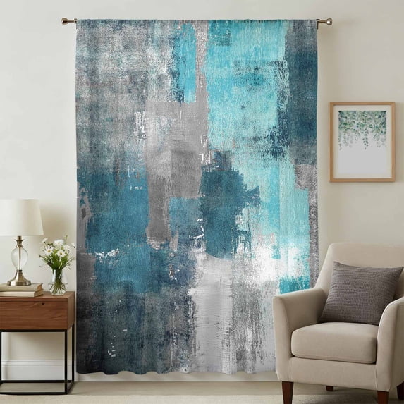 Teal Grey Sheer Curtains 45 Inches Long, Modern Oil Painted Abstract Art Aesthetics Light Filering Curtains, Breathable Simi Curtain Privacy Drapes for Kitchen Bathroom Small Window Treatment