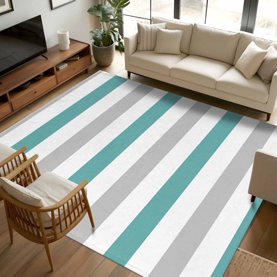 Teal Grey Stripe 6x9 Area Rugs, Modern Farmhouse Vertical Striped Non-Skid Rubber Backing Large Rectangle Rugs - Living Room Bedroom Home Office, Indoor Floor Mat Carpets Washable Rug