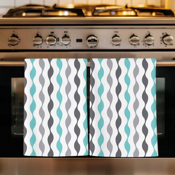 Teal Grey Striped Kitchen Towels Set of 3, Modern Abstract Geometric Stripes Absorbent Dish Towels for Kitchen, Microfiber Hand Towel, Quick Drying Tea Towel for Cleaning Decorative Dishcloths