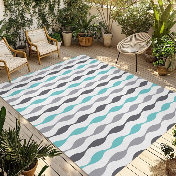 Teal Grey Striped Outdoor Rug for Patio/Deck/Porch, Non-Slip Large Area Rug 6 x 9 Ft, Modern Abstract Geometric Stripes Indoor Outdoor Rugs Washable Area Rugs, Reversible Camping Rug Carpet Runner