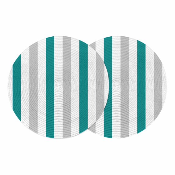 Teal Grey Striped Round 15 Inch Placemats Set of 2, Geometric Vertical Stripes Minimalist HeatResistant Non Slip Place Mats for Dining Table, Wipeable Braided Kitchen Table Mats for Housewarming