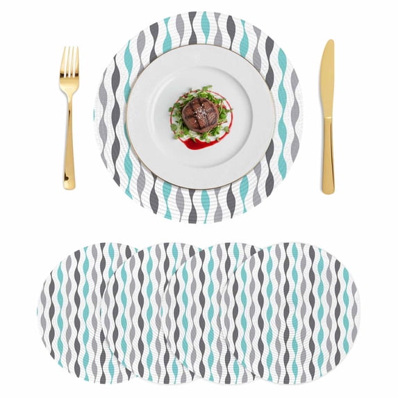 Teal Grey Striped Round 15 Inch Placemats Set of 4, Modern Abstract Geometric Stripes HeatResistant Non Slip Place Mats for Dining Table, Wipeable Braided Kitchen Table Mats for Housewarming