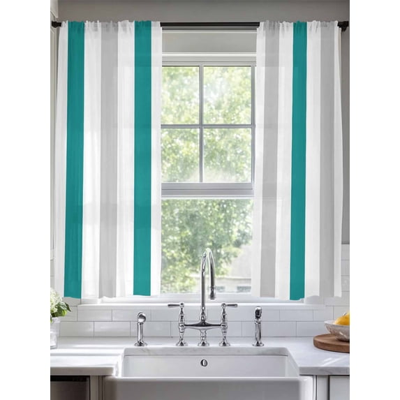 Teal Grey Striped Sheer Curtains for Living Room Bedroom Geometric Vertical Stripes Minimalist Sheer Curtains 72 Inch Long 2 Panels Set Light Filtering Curtain Window Treatments Drapes