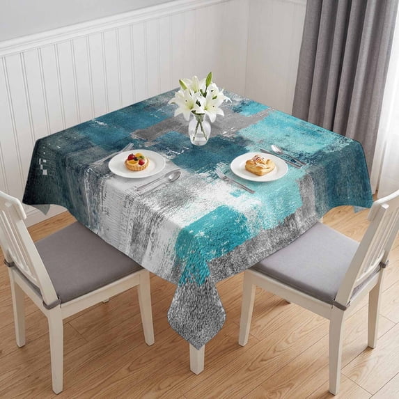 Teal Grey Table Cloth Waterproof Tablecloths, Abstract Art Oil Painting Modern Geometric Tablecloth Dining Table Cover for Kitchen Party Tabletop Outdoor, Square Tablecloth 54x54 Inch