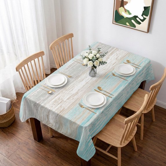 Teal Grey Table Cloth Waterproof Tablecloths, Farmhouse Gray Barn Wooden Vintage Striped Tablecloth Dining Table Cover for Kitchen Party Tabletop Outdoor, Rectangle Tablecloth 60x102 Inch