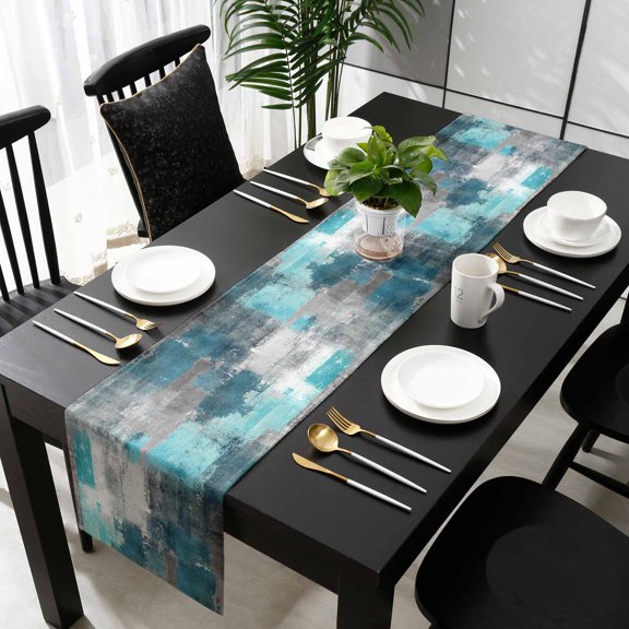 Teal Grey Table Runner 108 Inches Long - Modern Oil Painted Abstract Art Aesthetics Kitchen Dining Burlap Linen Tablerunner for Small/Round/Square/Wedding/Coffee/Dining Table Party Décor 13 x 108