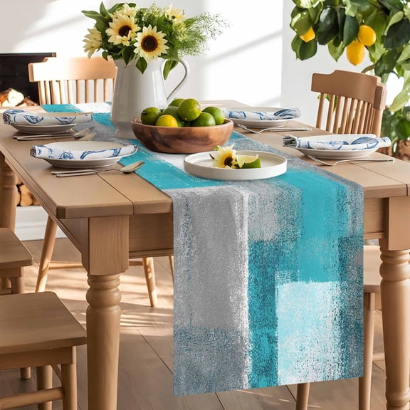 Teal Grey Table Runner, Graffiti Art Mottled Abstract Geometric Oil Painting Washable Kitchen Table Runners Dress Scarves for Dining Table Decorations Party/Restaurant/Indoor Outdoor Use, 13x36in