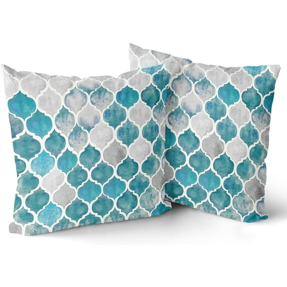 Teal Grey Throw Pillow Covers 20x20 Inch Turquoise Geometric Trellis Chain Pillow Covers Set of 2 Blue Grey Modern Decorative Pillows Farmhouse Couch Pillow Cases for Home Couch Bed Sofa Chair Decor