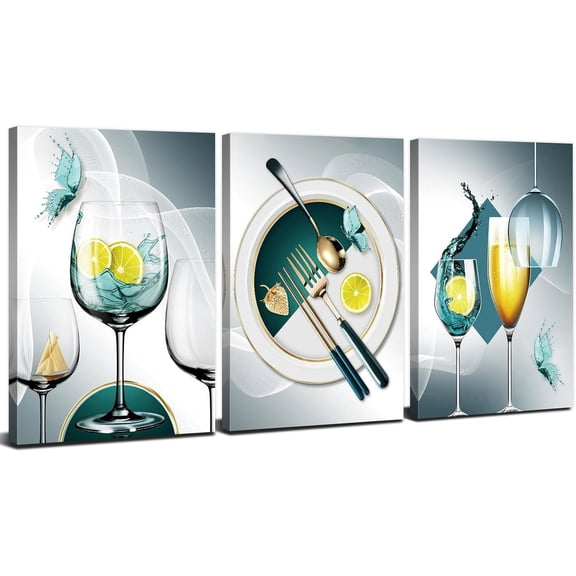 Teal Grey Turquoise Wine Glass Canvas Wall Art for Kitchen Modern Bar Pictures Dining Room Wall Decor Geometric Goblet Cups Poster Abstract Kitchenware Paintings Artwork Home Decorations 12x16 3 Pcs