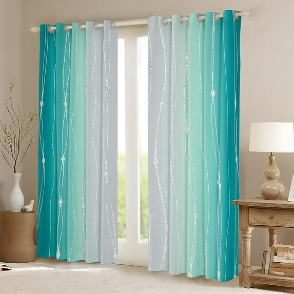 Teal and Grey Watercolor Curtains Wave Lines and Dots Curtains & Drapes, Gradient Ombre Blackout Curtains Aesthetic Abstract Window Treatments, Modern Geometry Stripe Bedroom Curtains Room Decoration