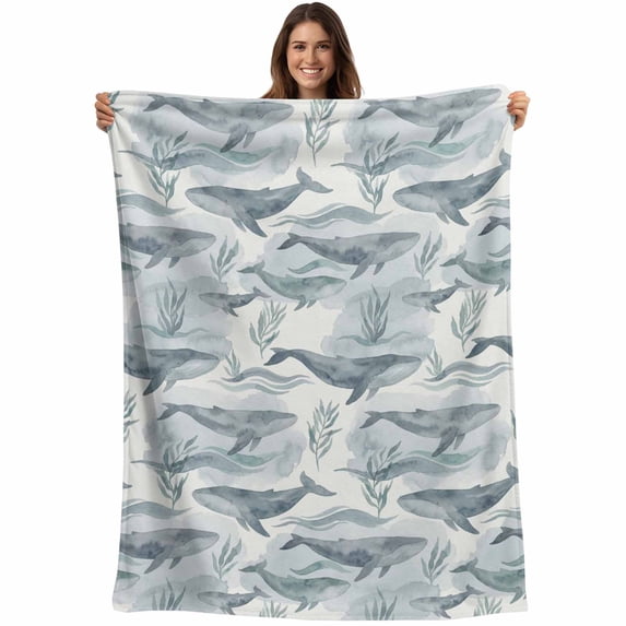 Teal Grey Whale Coastal Blanket Soft Cozy Warm Throw Blanket for Couch, Plush Fuzzy Flannel Fleece Blankets for Sofa, Watercolor Beach Ocean Nautical Bed Blankets Lightweight Gifts for Women, 40"x50"