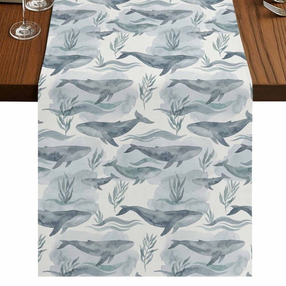 Teal Grey Whale Coastal Burlap Cotton Table Runner 13x36 Inches Short, Watercolor Beach Ocean Nautical Farmhouse Table Runners, Outdoor Dining Tablecloths Decor for Baby Shower/Party/Wedding