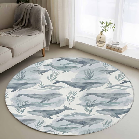 Teal Grey Whale Coastal Round Area Rug 4ft, Watercolor Beach Ocean Nautical Washable Non-Slip Circle Rugs for Bedroom Living Room Kitchen, Soft Non Shedding Circle Carpet for Dining Room Dorm