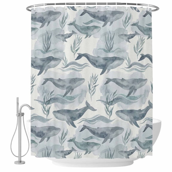 Teal Grey Whale Coastal Shower Curtain, Waterproof Shower Curtains for Bathroom, Watercolor Beach Ocean Nautical Washable Fabric Bathtub Curtain Set Bath Decor with 12 Hooks 72"x78"
