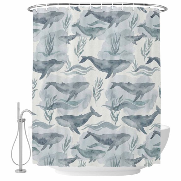 Teal Grey Whale Coastal Shower Curtains for Bathroom, Waterproof Fabric Bath Curtains Decor, Bath Tub Curtain Watercolor Beach Ocean Nautical Decorative Shower Curtain Sets with 12 Hooks, 72x72 Inch